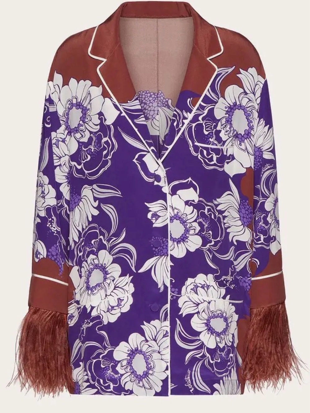 Valentino Purple and White Floral Satin Jacket with Rust Feather Trim size 40